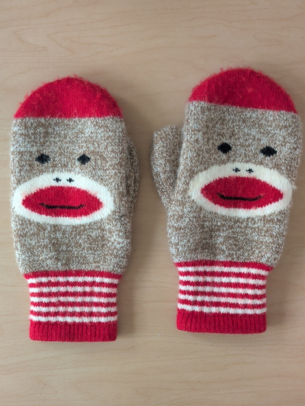 Kids Red Accent Sock Monkey Mittens - Soft Cozy Gloves Youth Large